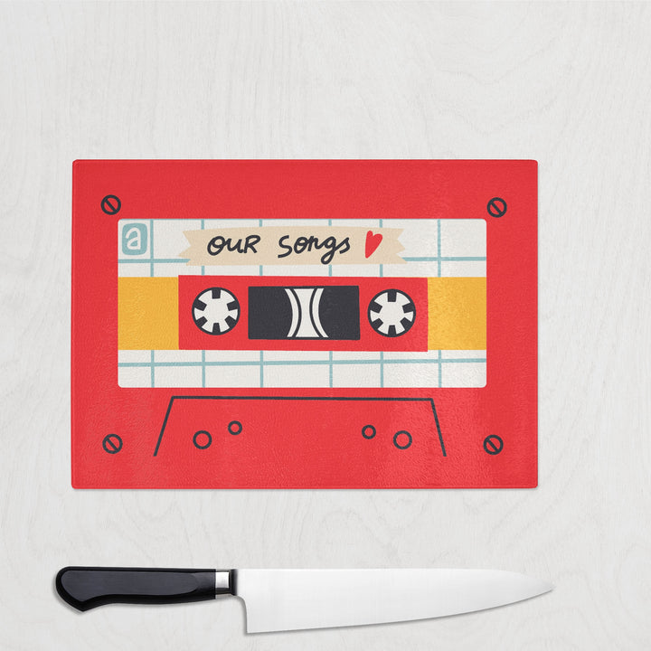 Red Nostalgia Cassette Tape Glass Chopping Board