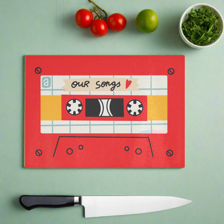 Red Nostalgia Cassette Tape Glass Chopping Board