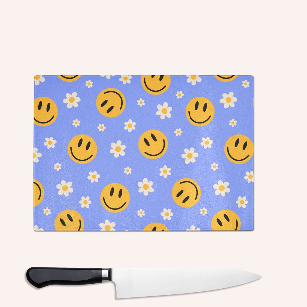 Blue Smiley Flower Colourful Glass Chopping Board