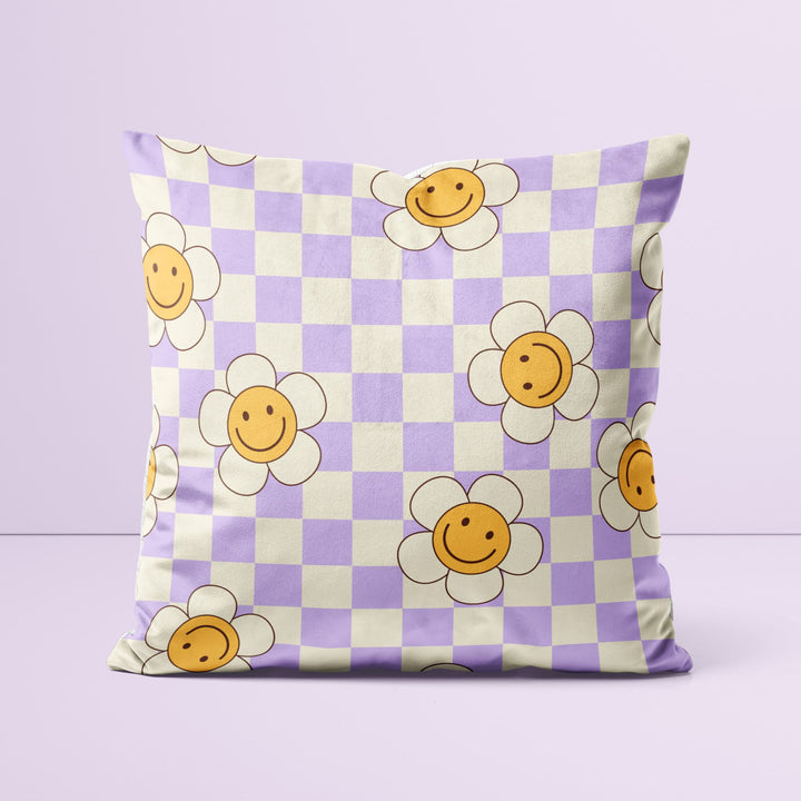 Lilac Check Flower Smiley Cushion