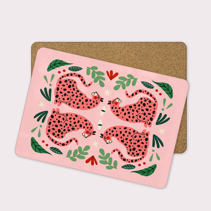 Lounging Pink Jungle Cat Placemats - Set of 4 - Yililo