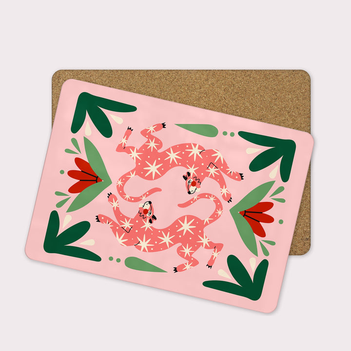 Lounging Pink Jungle Cat Placemats - Set of 4 - Yililo