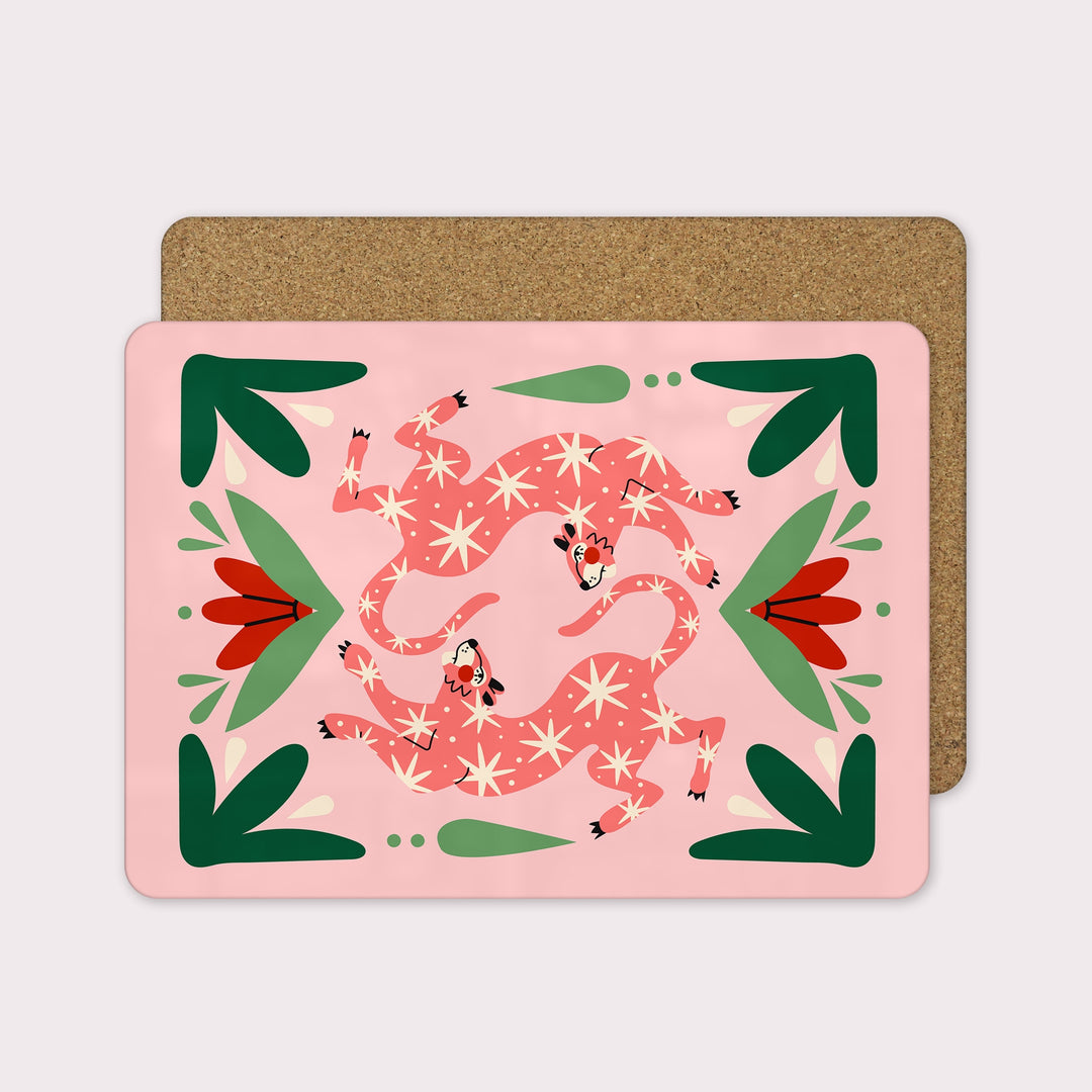 Lounging Pink Jungle Cat Placemats - Set of 4 - Yililo