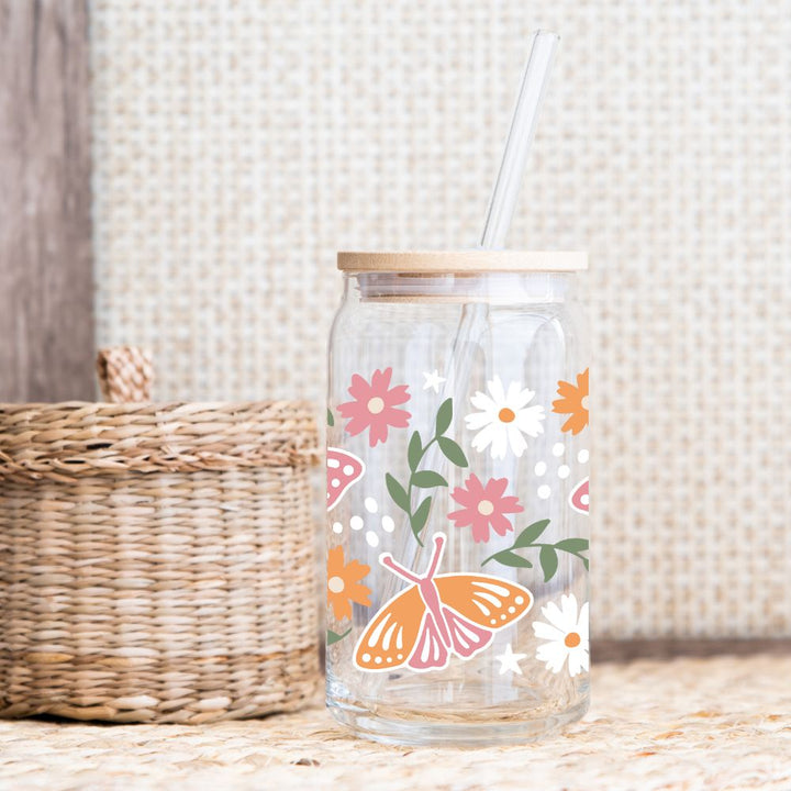 Butterflies And Flowers Glass Beer Can Bamboo Lid Straw 16oz