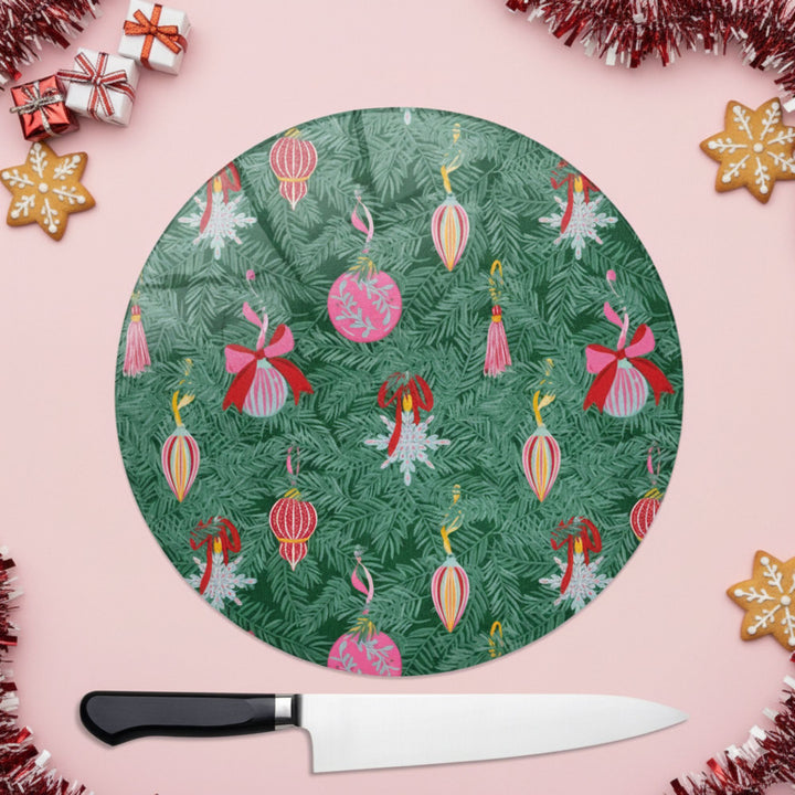 Bows And Baubles Round Glass Chopping Board