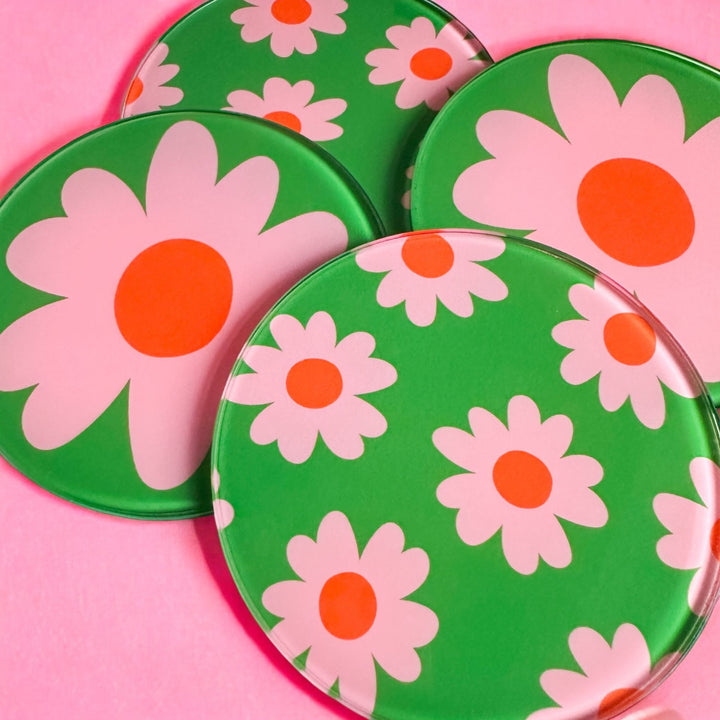 Green Pink Flower Coasters - Yililo