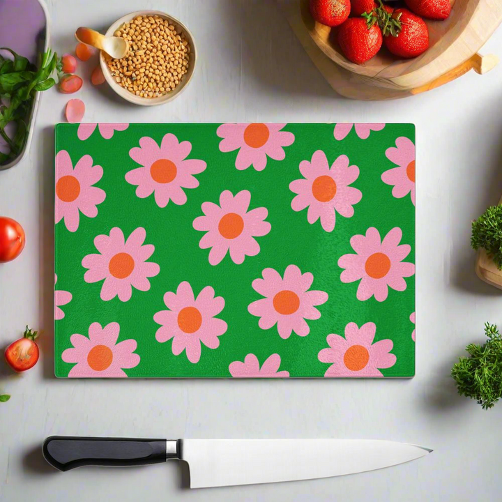 Green And Pink Flower Glass Chopping Board