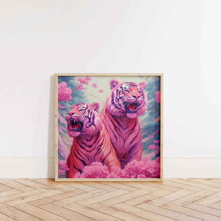 Roaring Pink Tigers Japanese Inspired Wall Art Poster - Yililo