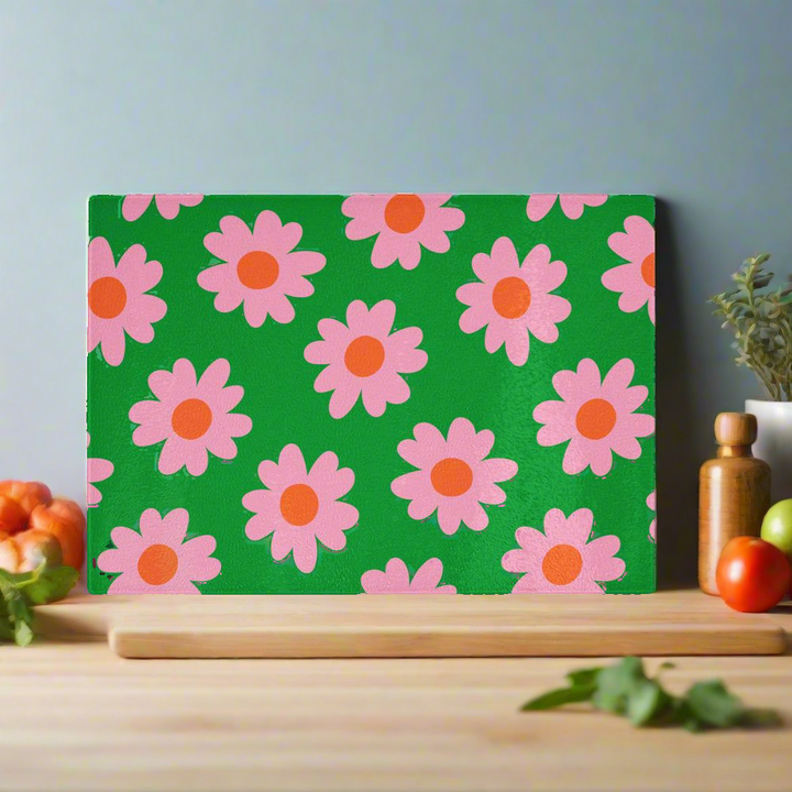 Green And Pink Flower Glass Chopping Board