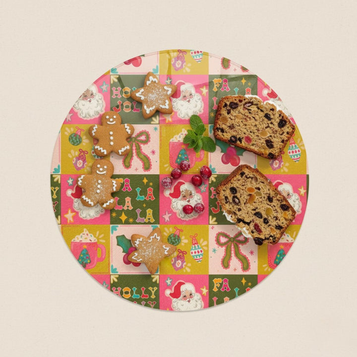 Holly Jolly Squares Round Glass Chopping Board
