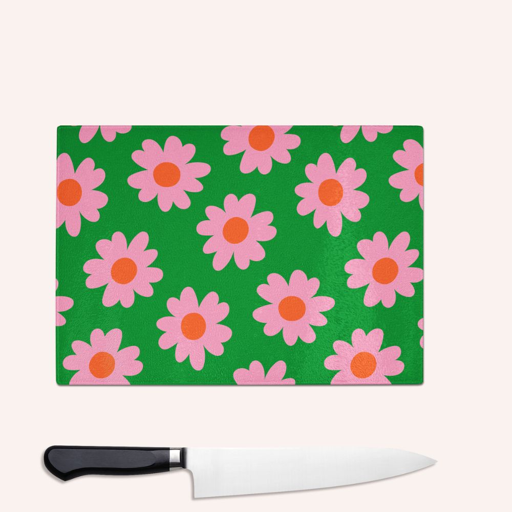 Green And Pink Flower Glass Chopping Board cOLOURFUL CHOPPING BOARD