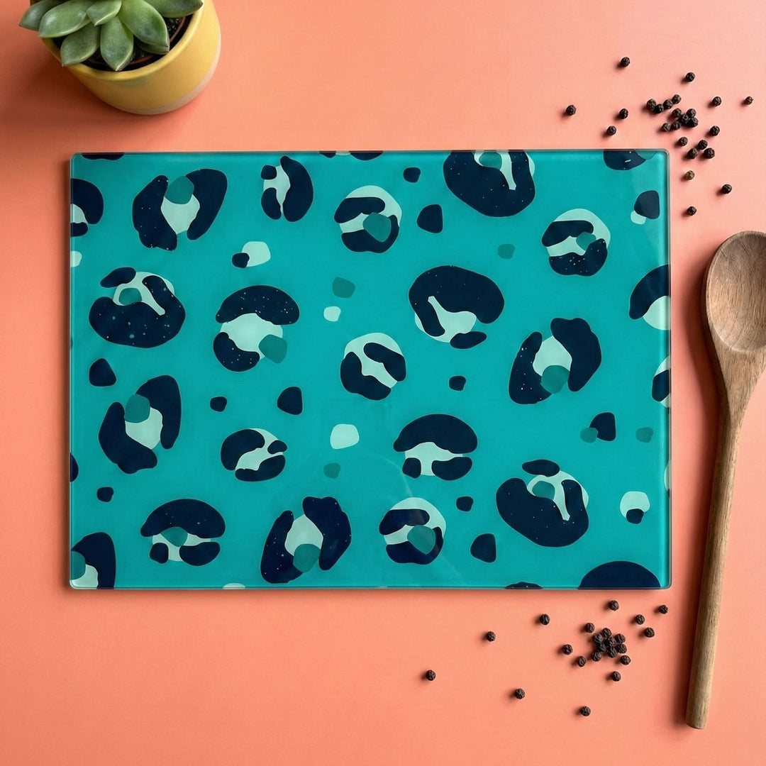Teal Green Leopard Print Glass Chopping Board