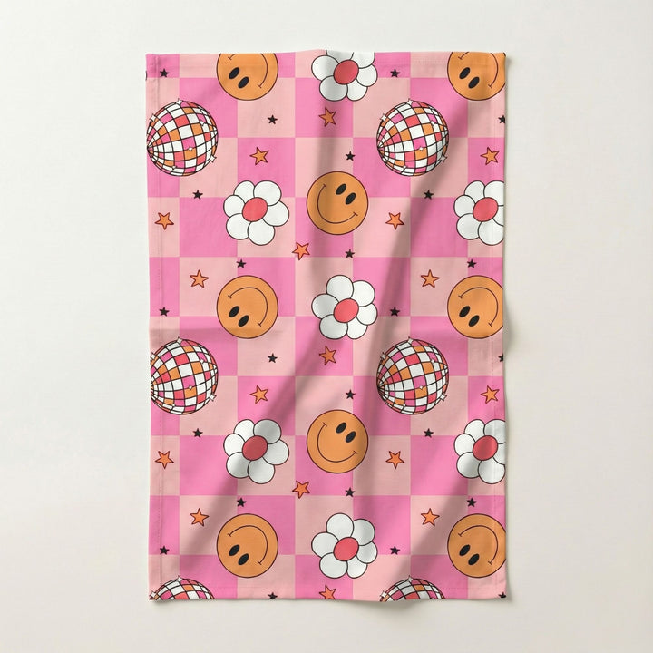 Pink Smiley Disco Cotton Tea Towel