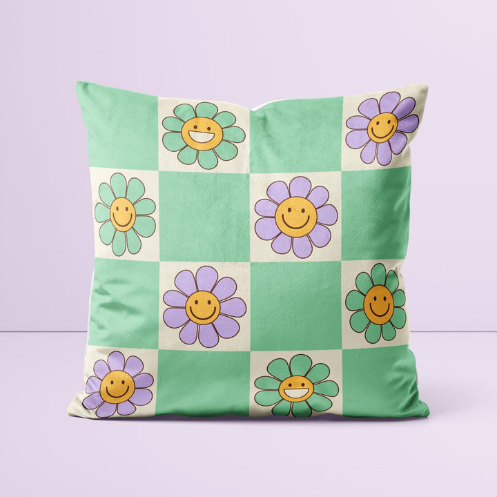 Green Flower Checkerboard Smiley Cushion