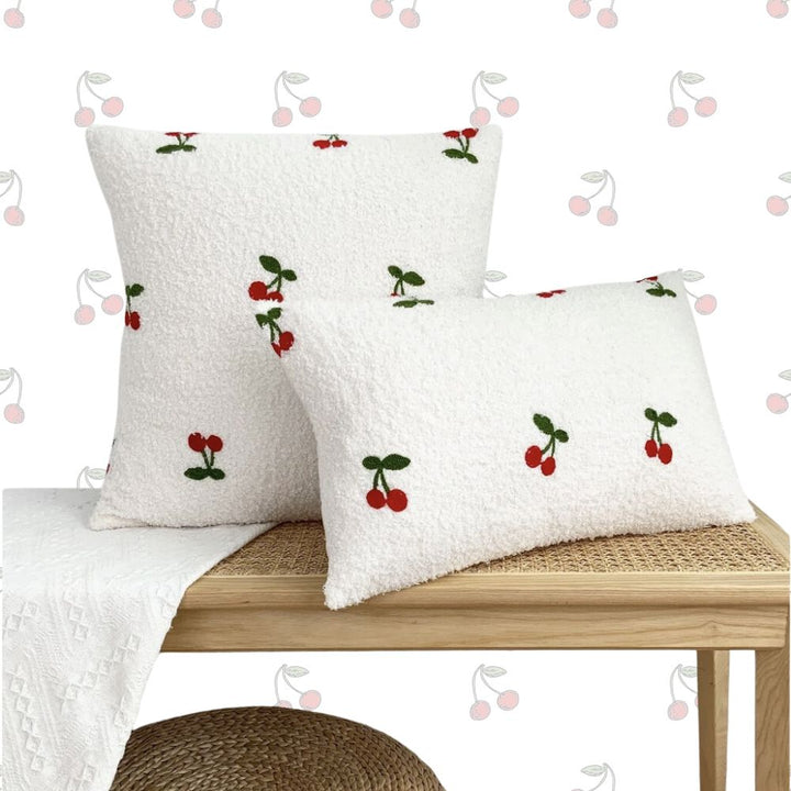 Fluffy Cherry Print White Cushion Cover 50cm - Yililo