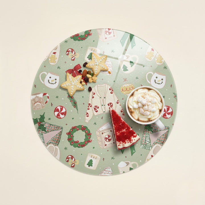 Cosy Christmas Round Glass Chopping Board