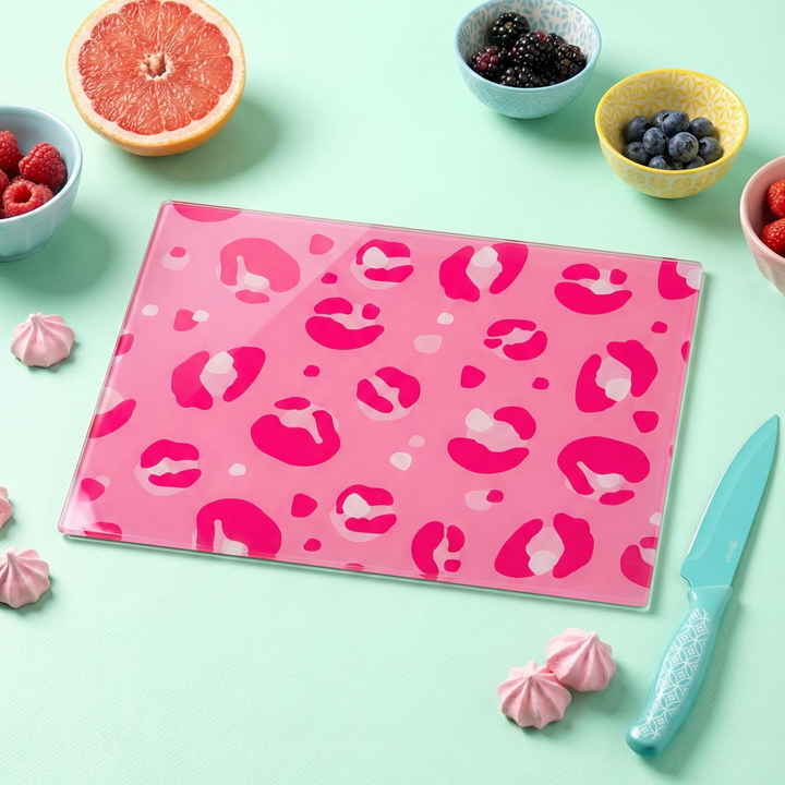 Bright Pink Leopard Print Glass Chopping Board