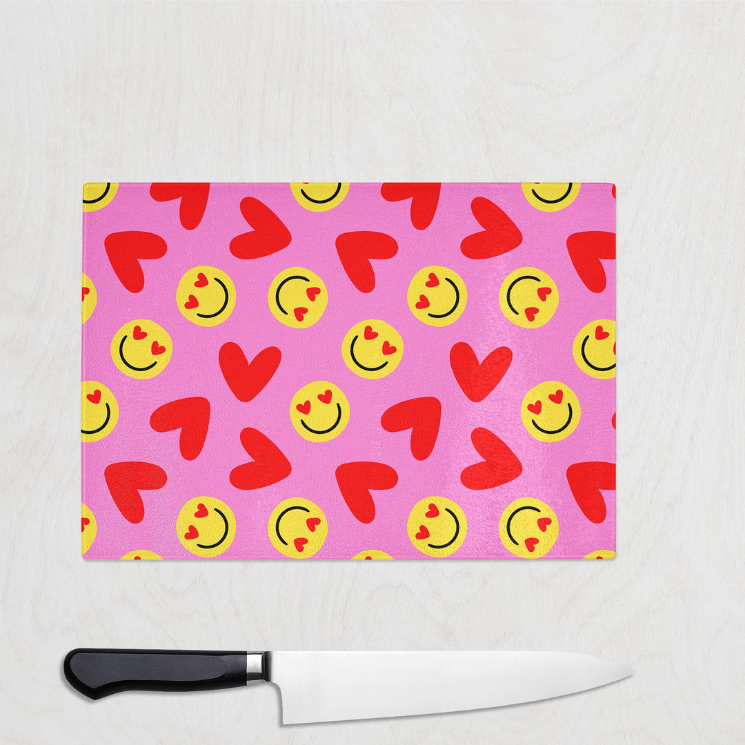 90s Pink Heart And Smiley Glass Chopping Board - Yililo