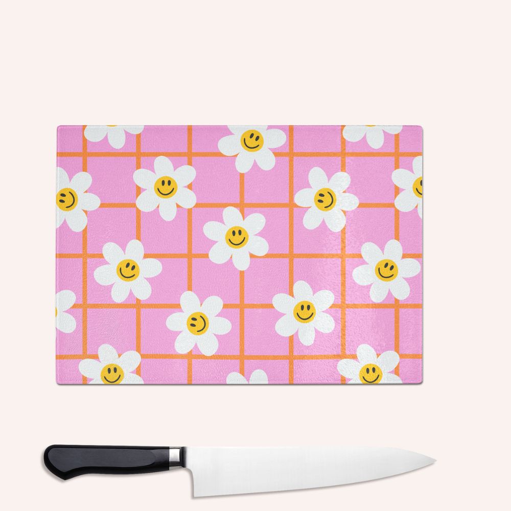 Pink Flower Check Smiley Glass Chopping Board - Yililo