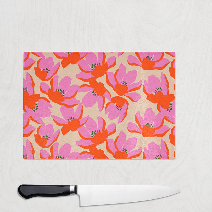 Bold Pink Blooms Glass Chopping Board