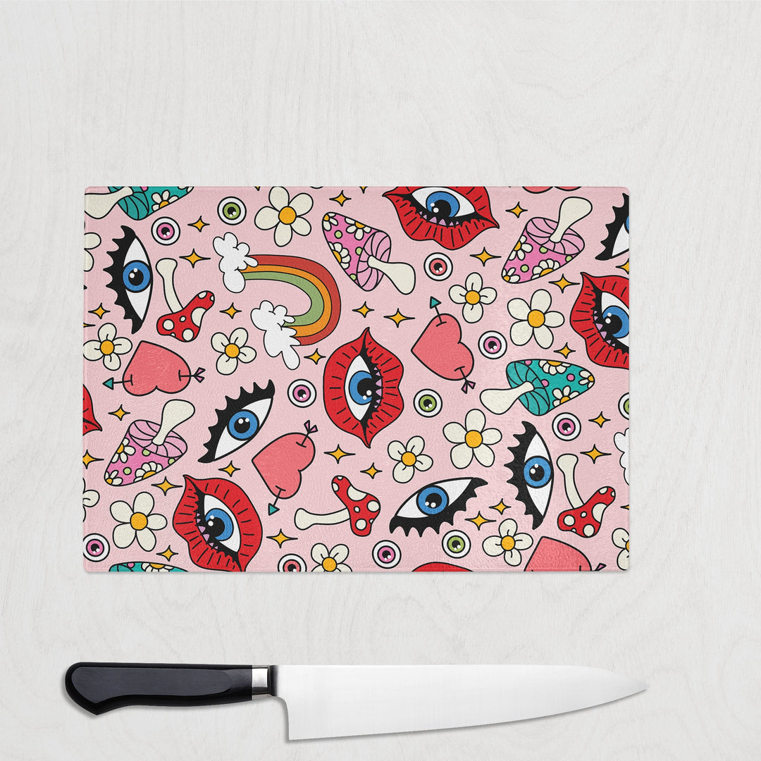 Pink Lips And Eyes Glass Chopping Board