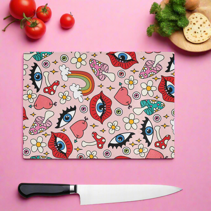 Pink Lips And Eyes Glass Chopping Board