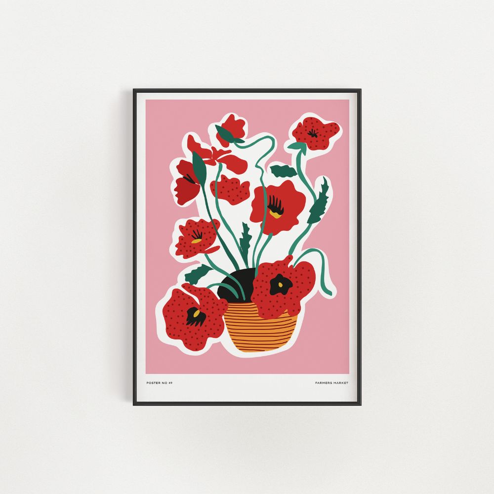 The Red Poppy Flower Basket  Wall Art Poster