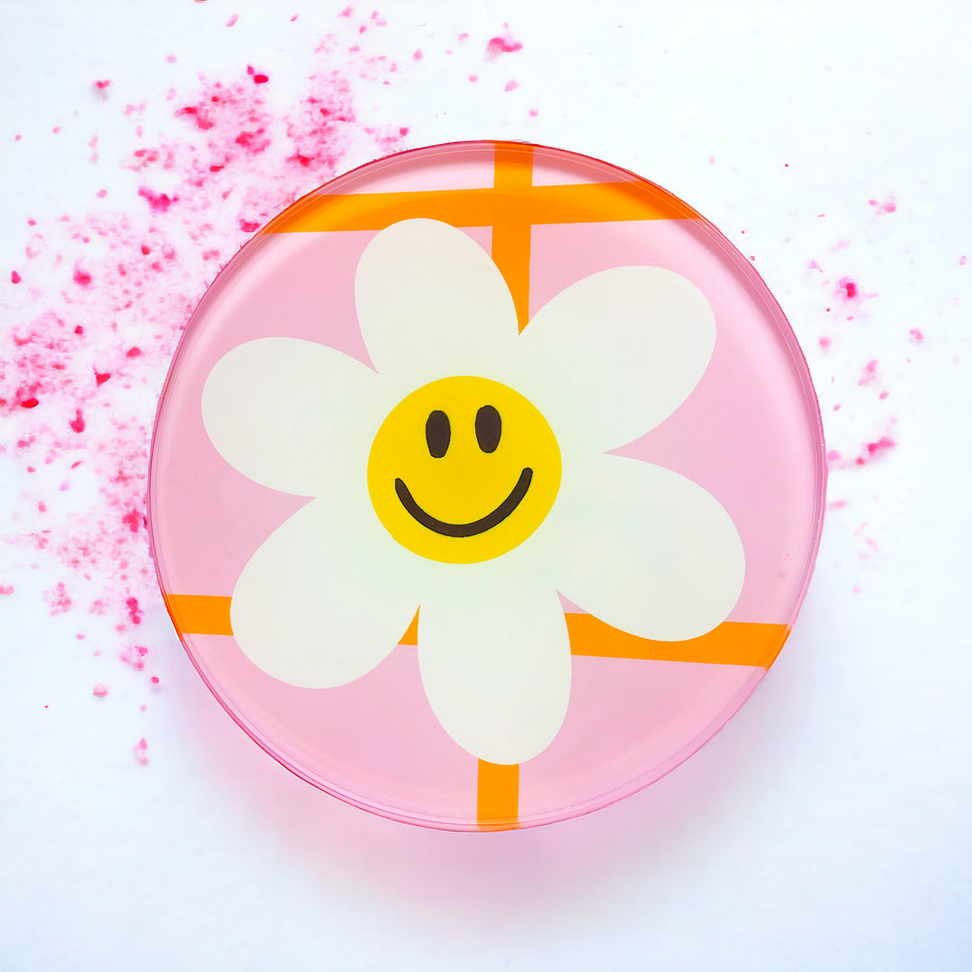 Pink Check Smiley Daisy 4 Piece Glass Coaster Set - Yililo