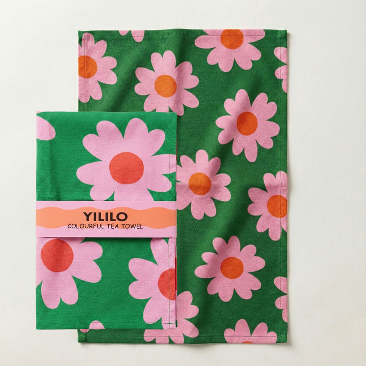 Green Pink Flower Cotton Tea Towel