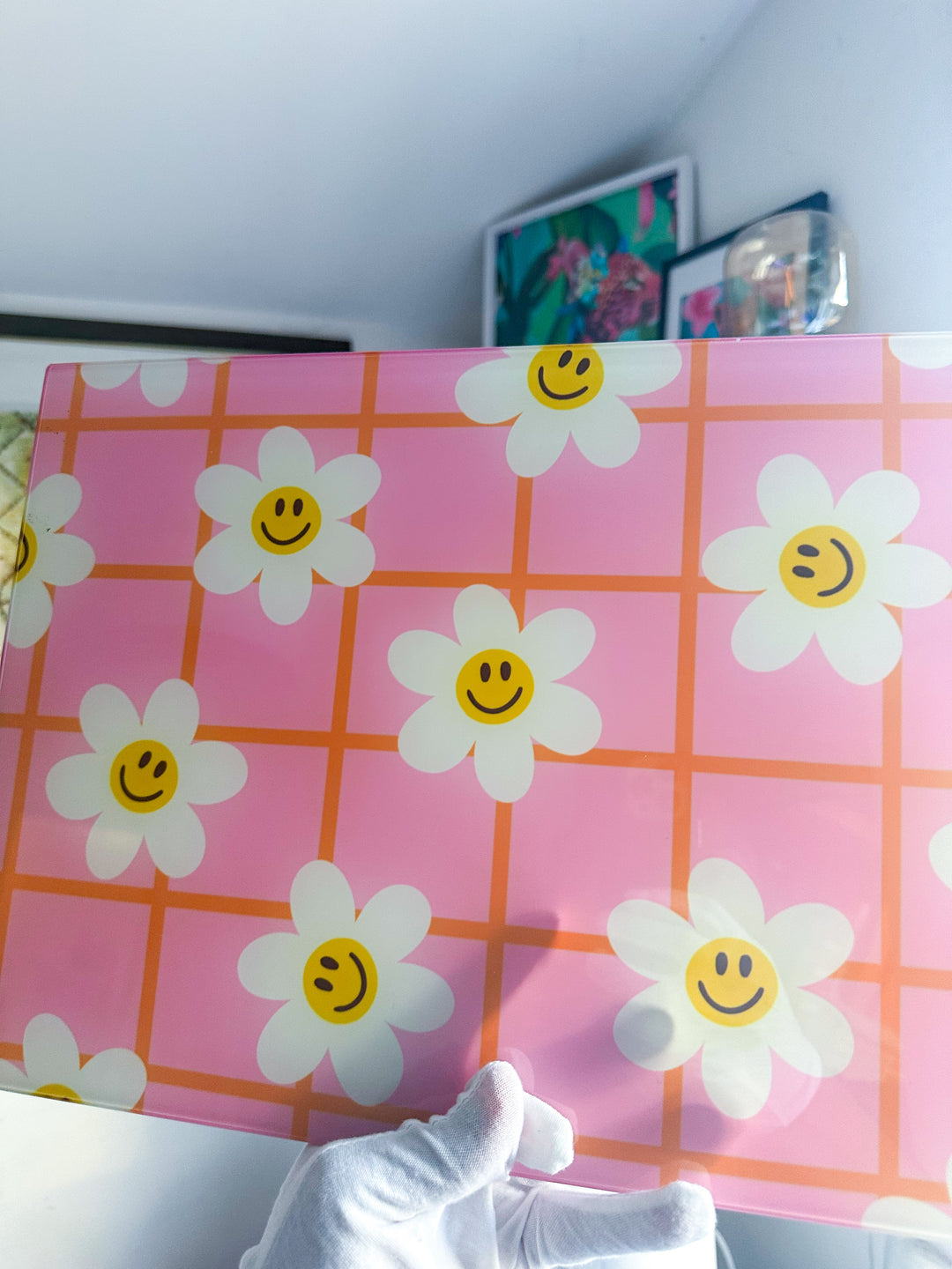 Pink Flower Check Smiley Glass Chopping Board