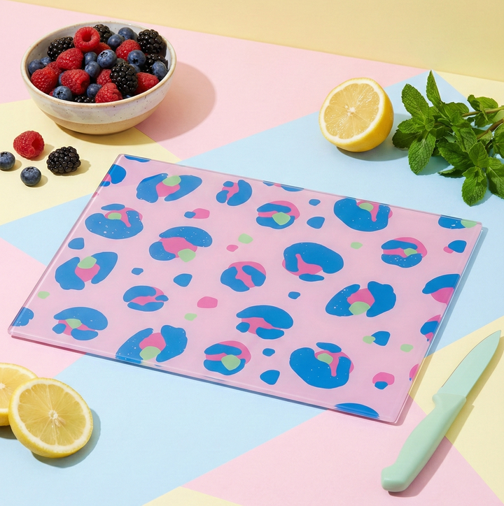 Pink Blue Leopard Print Glass Chopping Board