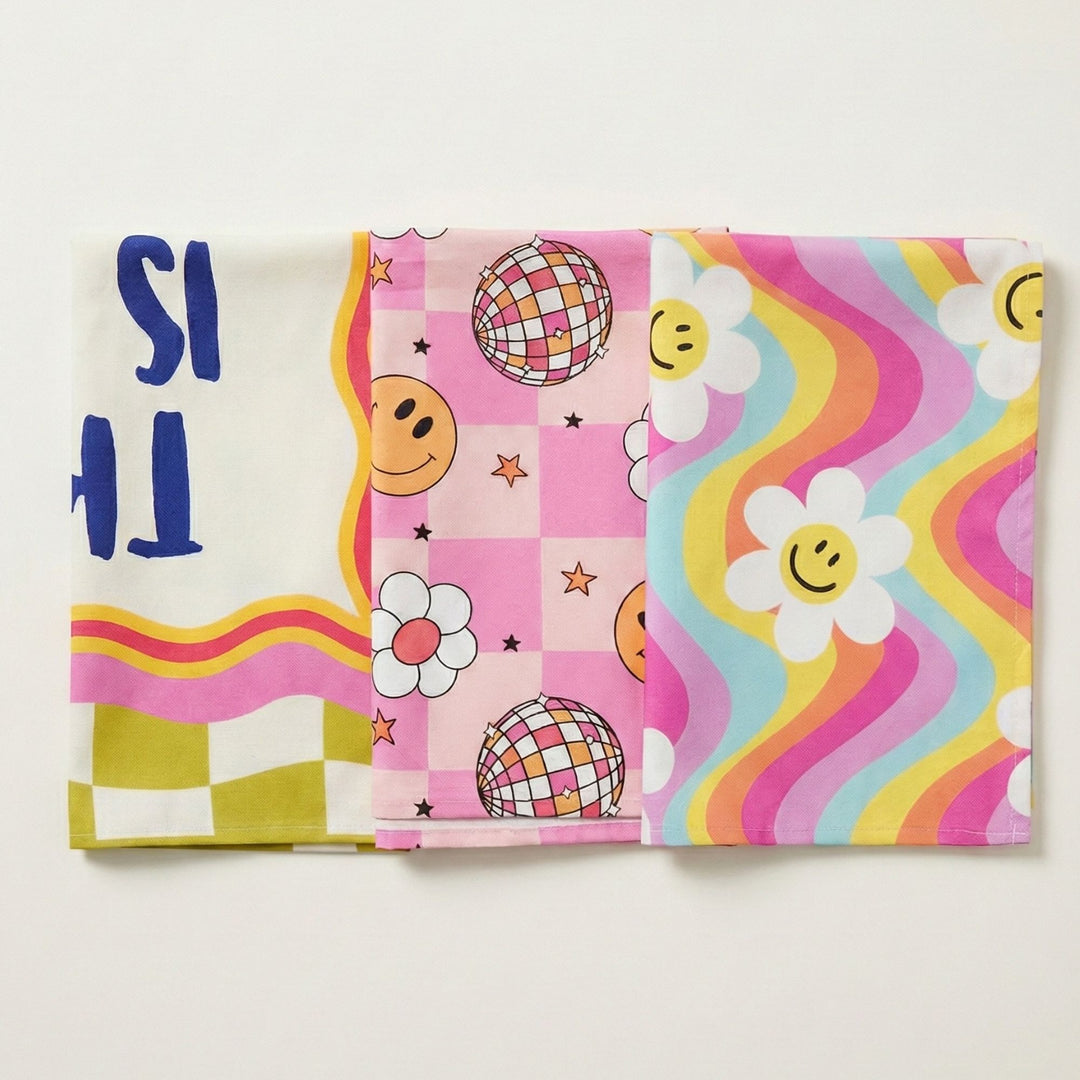 Pink Smiley Disco Cotton Tea Towel