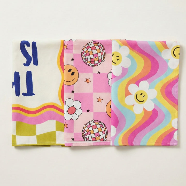 Pink Smiley Disco Cotton Tea Towel