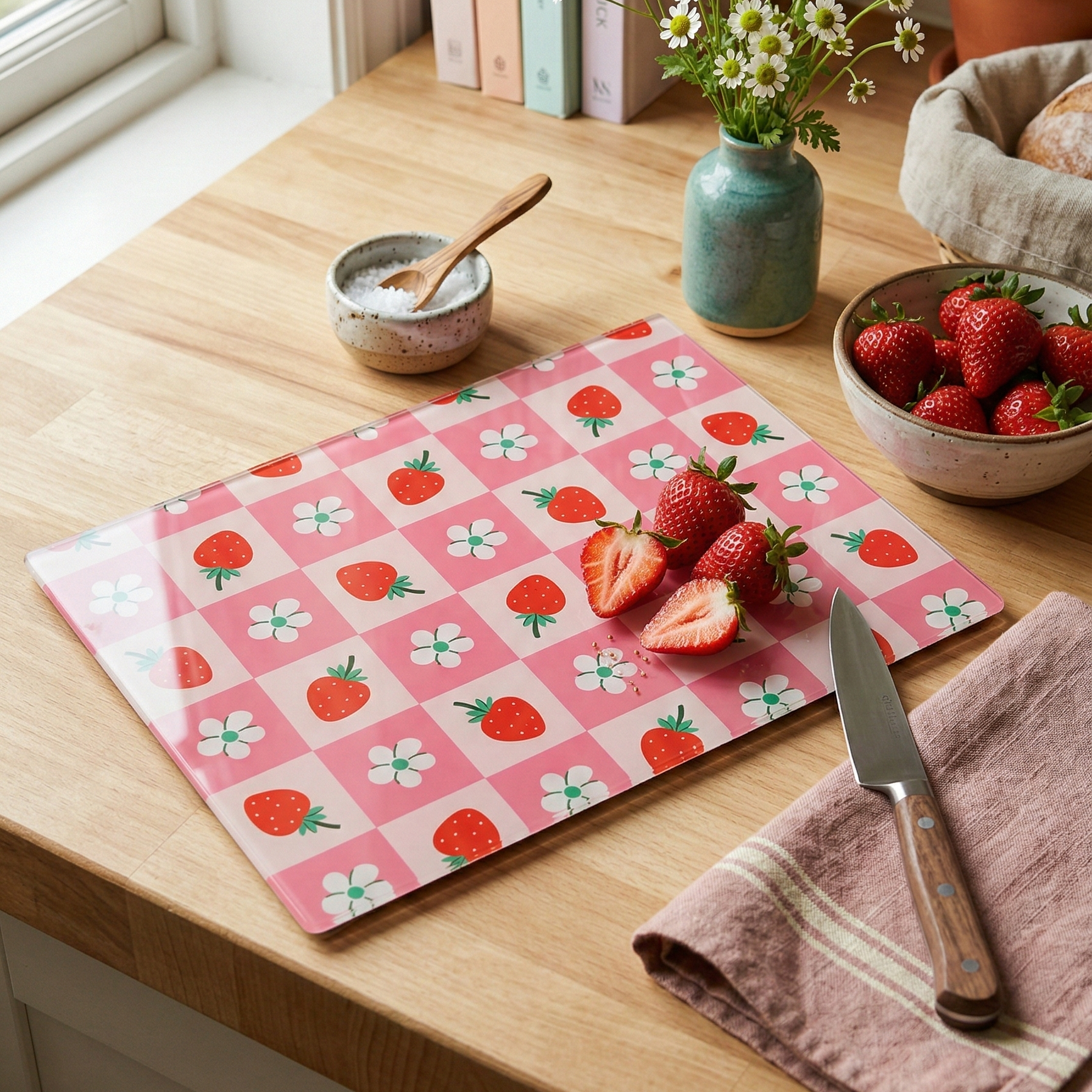 Kitchen counter with a strawberry-themed cutting board, knife, and bowl of strawberries.