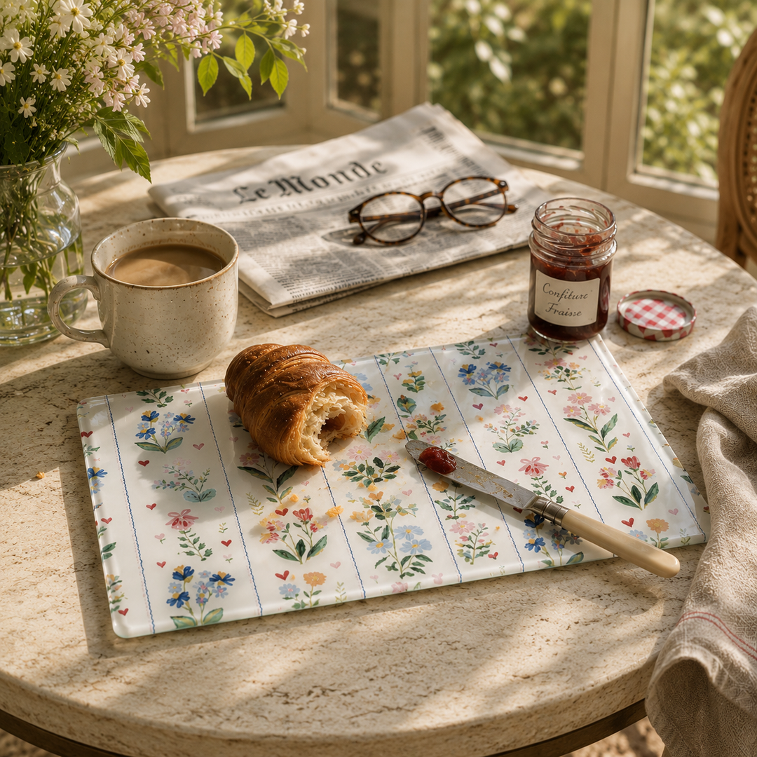 Breakfast scene with coffee, croissant, and jam on a floral glass chopping board 