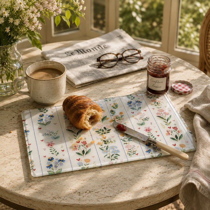 Breakfast scene with coffee, croissant, and jam on a floral glass chopping board 