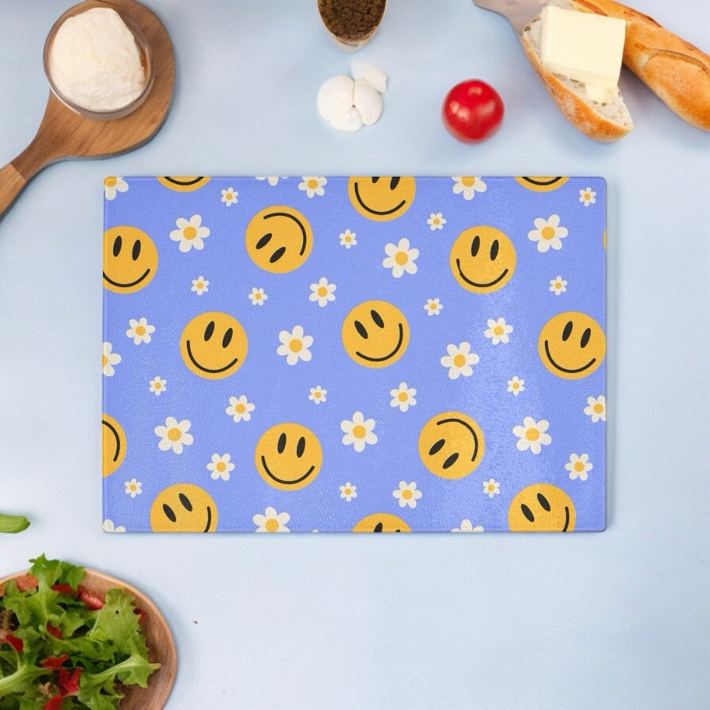 Blue Smiley Flower Glass Chopping Board