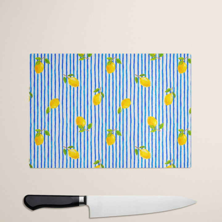 Blue Stripe Lemons Glass Chopping Board - Yililo