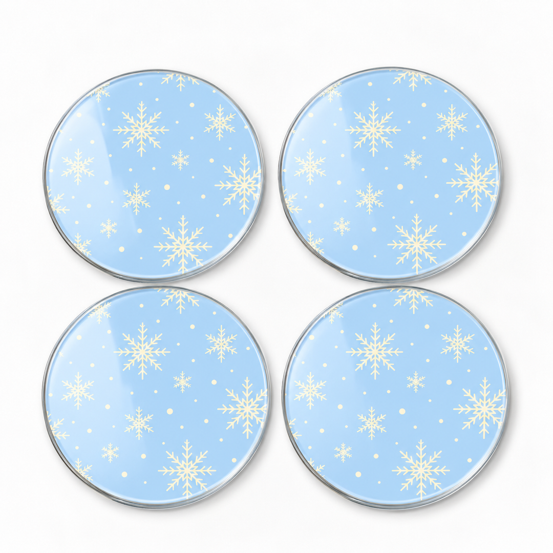 Blue Snowflake Christmas 4 Piece Glass Coaster Set on white background