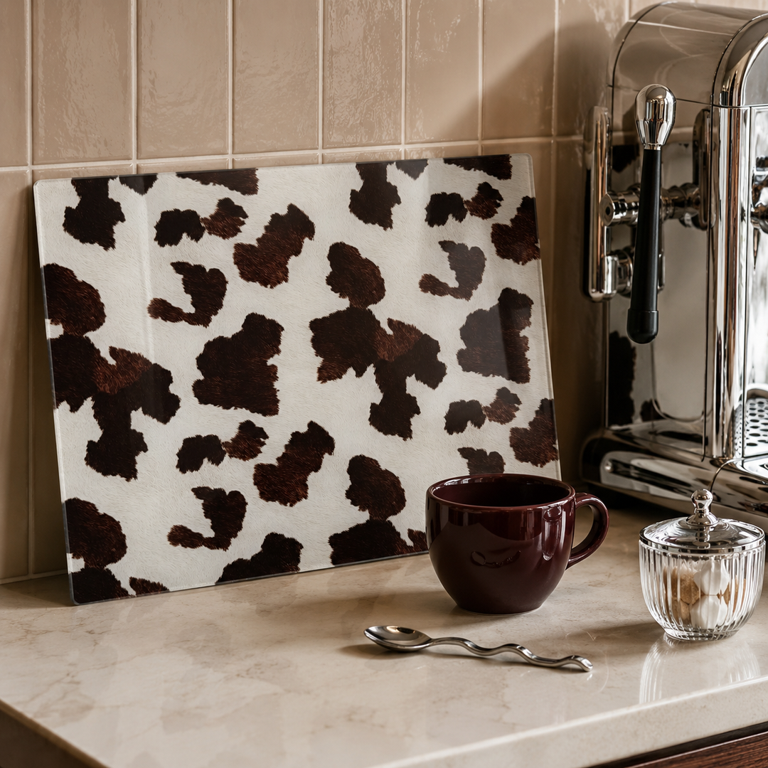 A brown and white cow print pattern glass chopping board leans against a beige tiled kitchen wall on a marble countertop, next to a dark red ceramic mug, a silver spoon, and a glass jar, with a stainless steel coffee machine visible on the right.