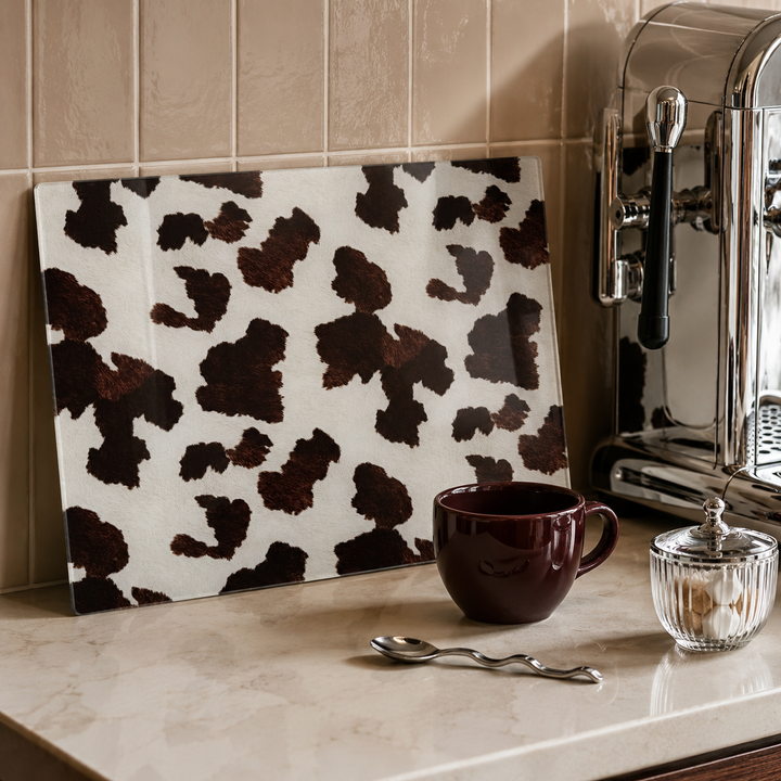 A brown and white cow print pattern glass chopping board leans against a beige tiled kitchen wall on a marble countertop, next to a dark red ceramic mug, a silver spoon, and a glass jar, with a stainless steel coffee machine visible on the right.