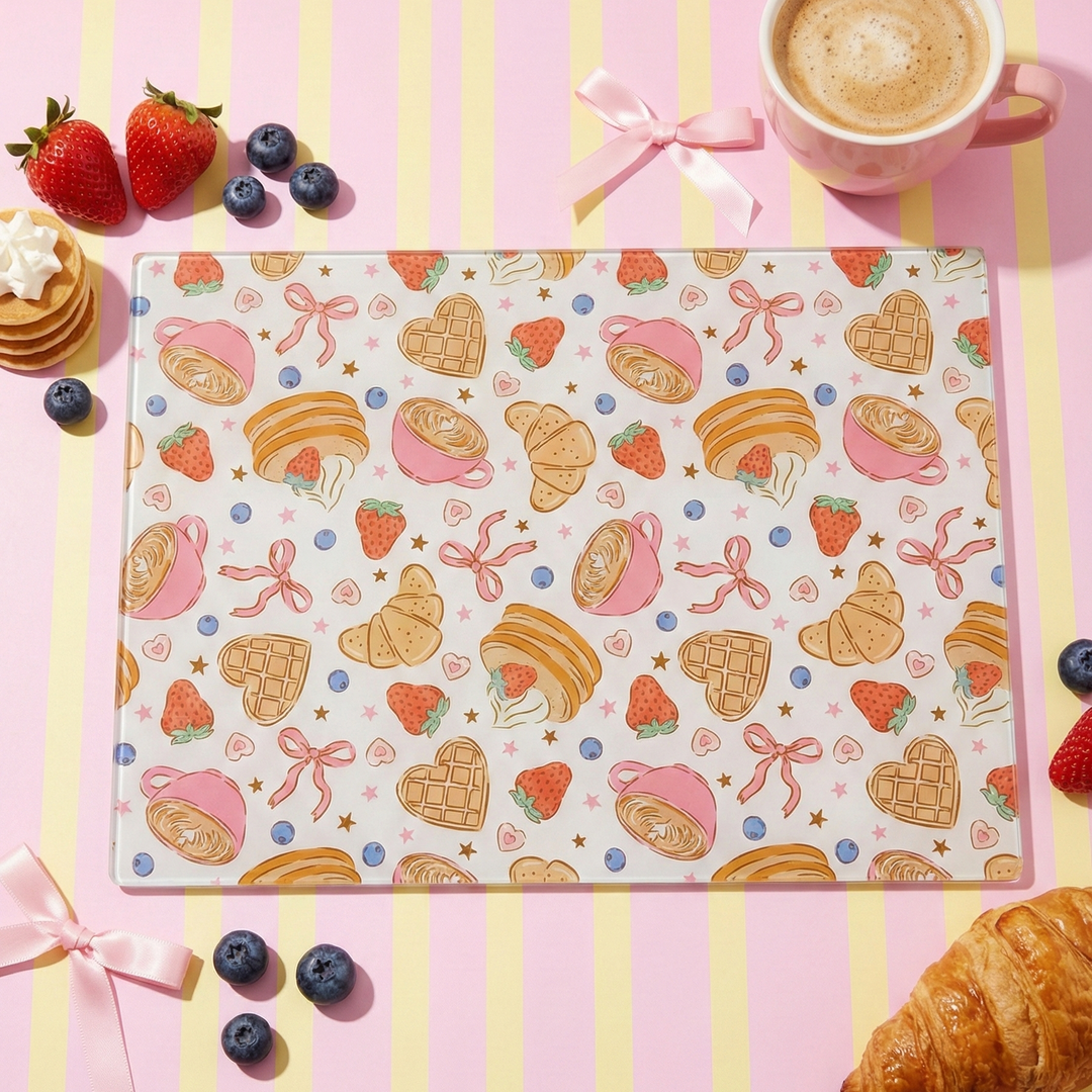 Berry Brunch glass chopping board with croissants and strawberries
