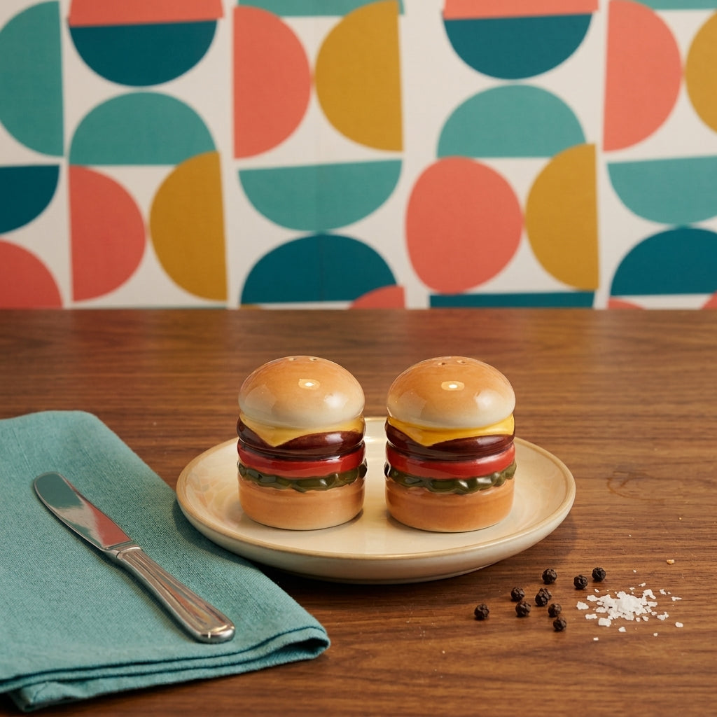 Hamburger-shaped salt and pepper shakers on a plate with a colorful geometric pattern in the background.