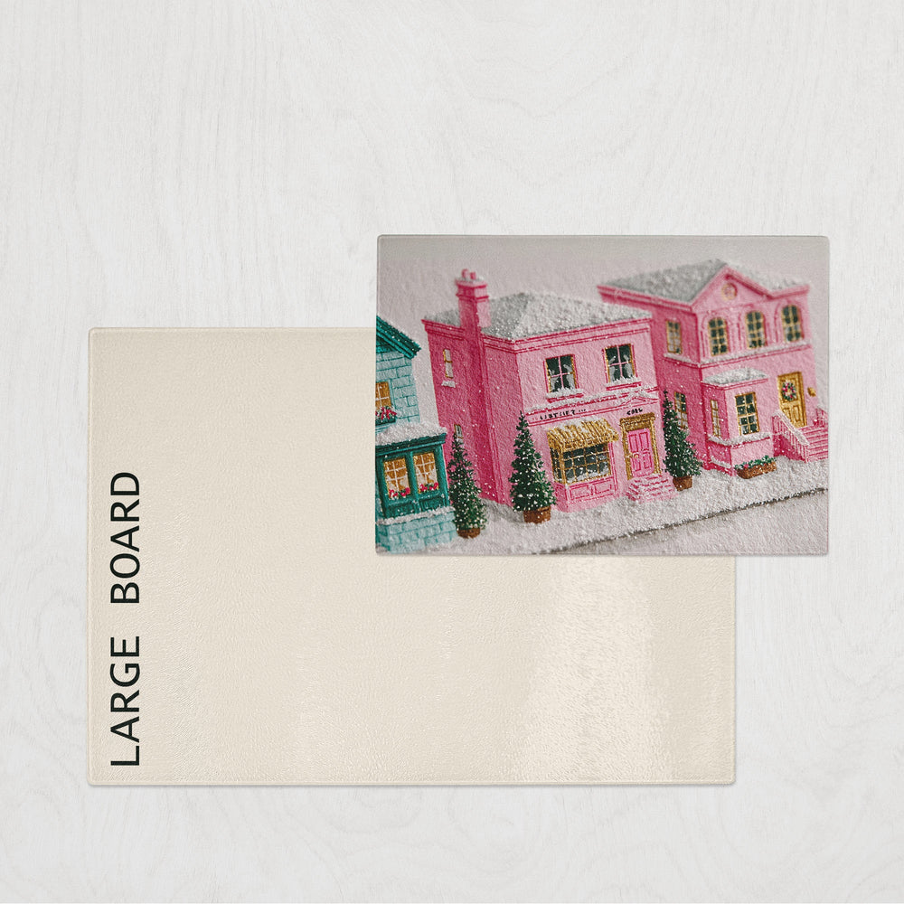 Large board with a colorful illustration of a pink house on a white background