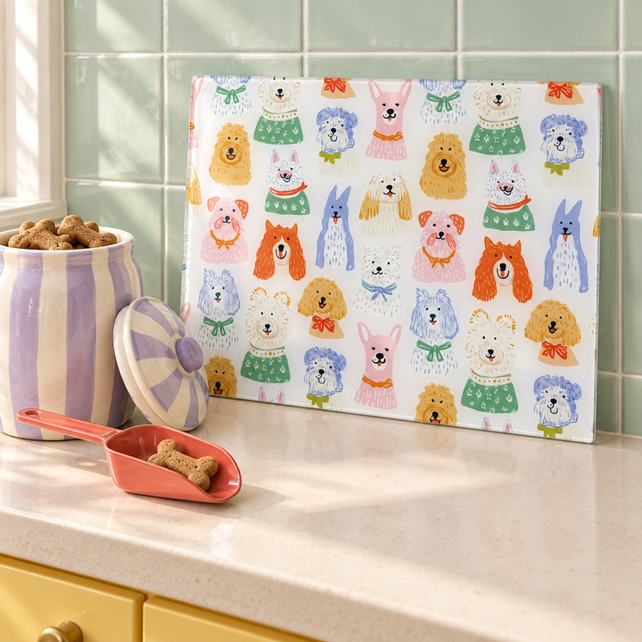 Smiling Colourful Dogs Glass Chopping Board