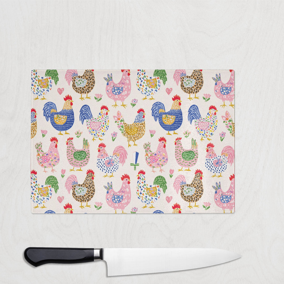 Chicken Dance Colourful glass chopping board with cheerful hand-drawn chickens
