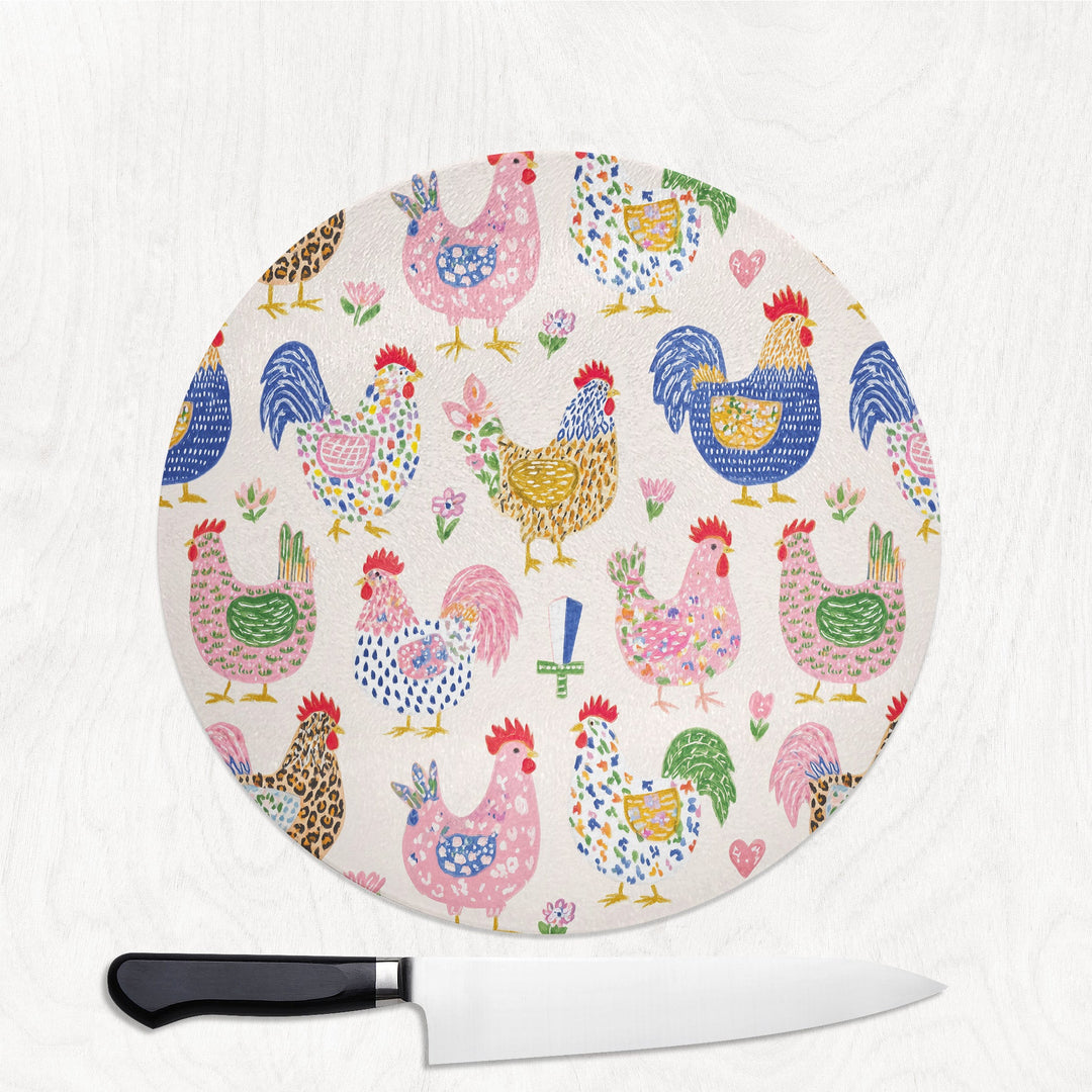 Chicken Dance Colourful round glass chopping board with cheerful hand-drawn chickens