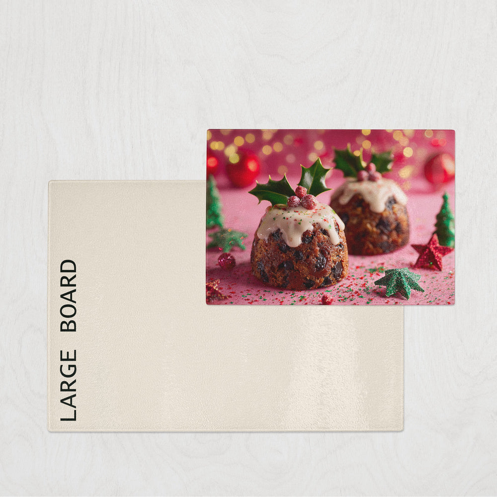 Large chopping board with Christmas pudding and decorations on a white background