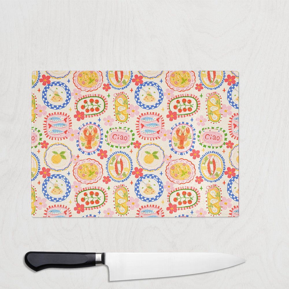 Ciao Summer glass chopping board with pasta, lemons, lobster and pretty plates