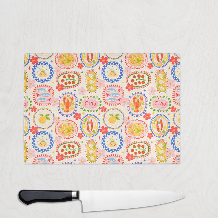 Ciao Summer glass chopping board with pasta, lemons, lobster and pretty plates